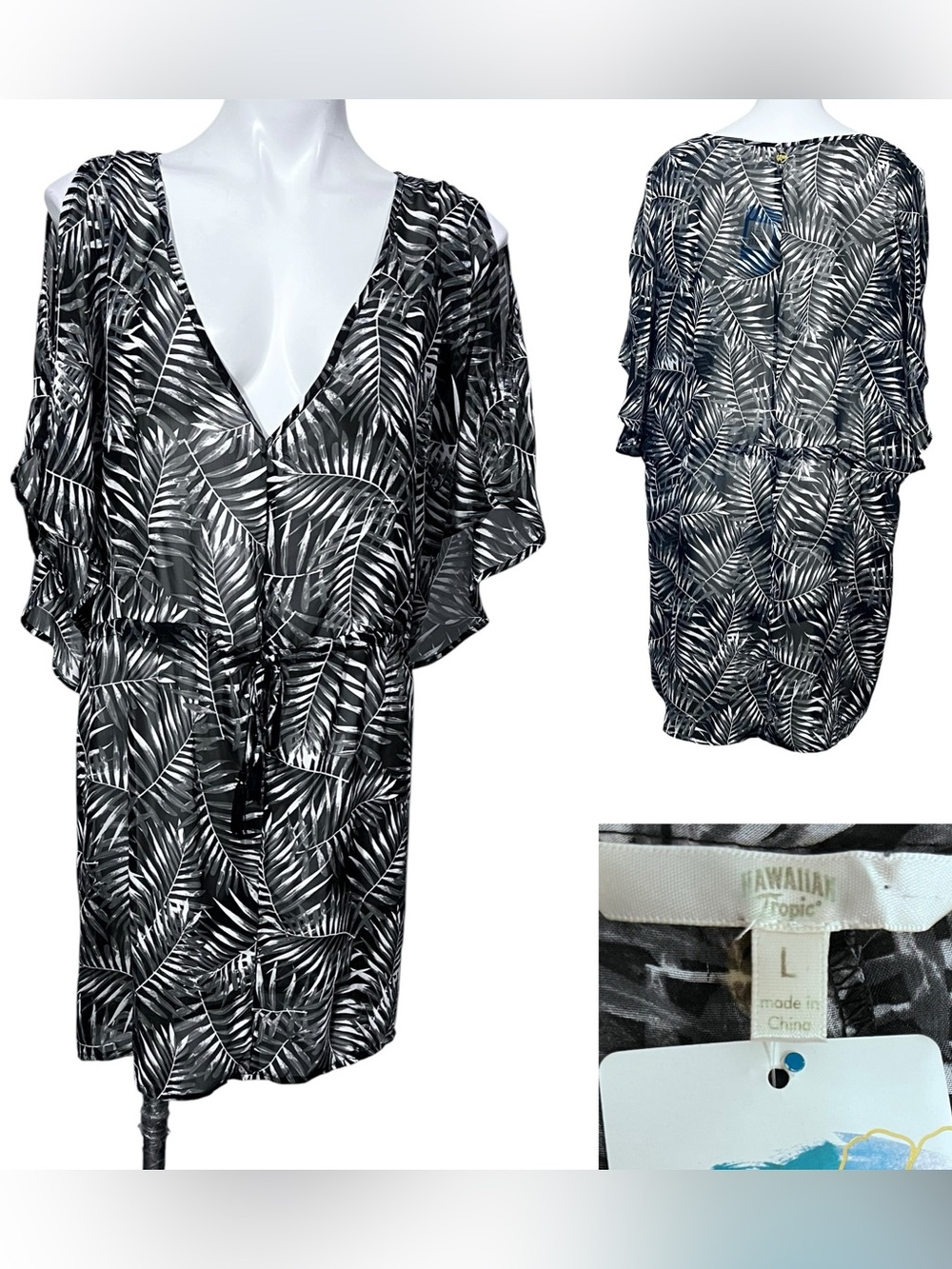 Hawaiian Tropic Cover-Up‎ L Black/White Palm Print V-Neck beach vacation resort